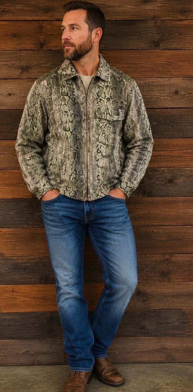 Vintage International Male Snakeskin Print Zip-Up Utility Jacket